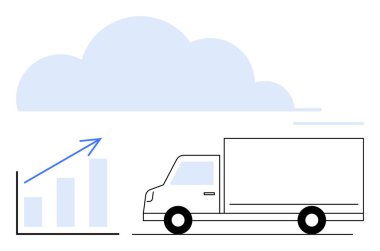Mavi bulutun altında, yukarı doğru çıkan büyüme çizelgesinin yanındaki beyaz kamyon. Lojistik, dağıtım, teknoloji, veri, ilerleme, bulut hizmetleri, iş büyümesi için ideal. Düz basit metafor