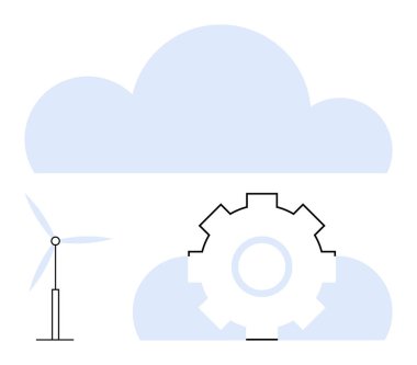 Bulutların önündeki rüzgar türbini ve mekanik teçhizat yenilik, sürdürülebilirlik ve teknoloji taşır. Yenilenebilir enerji, yenilik, otomasyon, verimlilik, takım çalışması, bağlantı için ideal