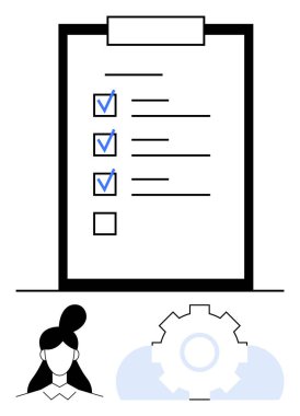 Mavi işaretli kontrol listesi, seçilmemiş kutu ve dişi avatarın altındaki teçhizat. Organizasyon, planlama, üretkenlik, iş akışı verimliliği, proje yönetimi, işbirliği dairesi için ideal