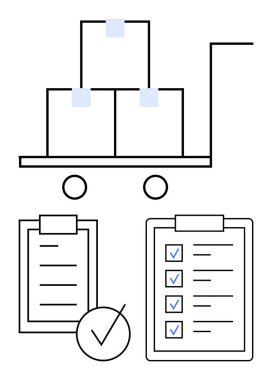 El arabasındaki paketler, işaretli görevleri olan iki kontrol listesi ve büyük bir kontrol işareti. Lojistik, tedarik zinciri, verimlilik, kalite güvencesi, envanter kontrolü, soyut çizginin planlanması için ideal