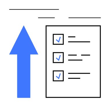 Başarı ve verimliliği sembolize eden cesur bir okun yanında üç önemli görevi bulunan kontrol listesi. Planlama, organizasyon, iyileştirme, başarı, tamamlama, strateji, motivasyon için ideal