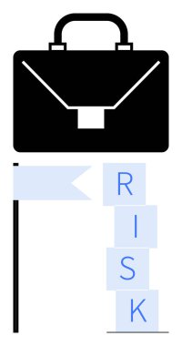 RİSK blokları ve soluk mavi bayrağın üzerinde siyah evrak çantası var. İş stratejisi, risk yönetimi, liderlik, kariyer büyümesi, karar verme, planlama, soyut düz metafor için ideal