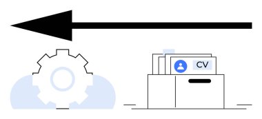 Bir kutuda sol üst dişli silueti ve CV dosyalarını gösteren ok, iş akışı verimliliğini simgeliyor. HR, askere alma, kariyer, iş akışı optimizasyonu, sistem entegrasyonu, yönetim ve veri için ideal