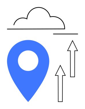 Mavi harita iğnesi, bulut sembolü ve yukarı doğru oklar konum teknolojisini, bulut hesaplamasını, veri büyümesini, gelişim eğilimlerini vurguluyor. Küresel navigasyon, hareketlilik, dijital ilerleme yeniliği için ideal