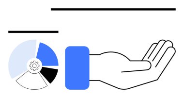 Dişli pasta grafiğiyle birlikte uzanan el, işbirliğini, dağılımı, takım çalışmasını, stratejiyi, süreci, ulaşılabilirliği, analizi sembolize ediyor. Yönetim yeniliği için ideal düz düz metafor