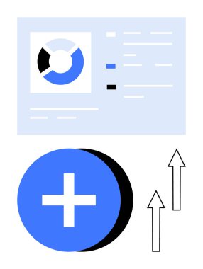 Veri etiketli dairesel grafik, büyük mavi artı işareti ve yukarı doğru oklar büyümeyi, ilerlemeyi ve analizi simgeler. İş için ideal, istatistik, yenilik, planlama veri büyümesi düzleşmesi