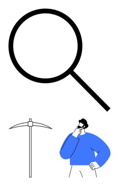 Büyüteç, kazma ve mavi gömlekli düşünen bir adam. Analiz, keşif, araştırma, çözümler, problem çözme araştırması yaratıcılığı için idealdir. Minimalist düz basit