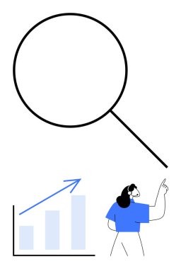 Büyüteç dikkat çeker, grafik gelişimi gösterir, kadın yukarı doğru hareket eder. Araştırma, analiz, strateji, iş büyümesi, eğitim yenilik ekibi çalışması için ideal. Düz basit metafor