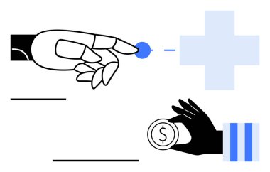 İnsan eli bozuk parayı tutarken robot el tıbbi haça doğru mavi bir noktaya dokunuyor. Teknoloji, işbirliği, sağlık hizmetleri yeniliği, AI, finans, otomasyon, gelecekteki etkileşimler için ideal