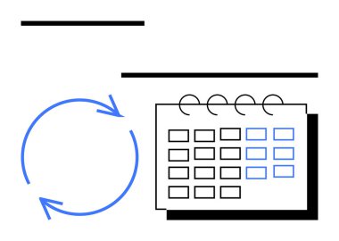 Izgara ve spiral bağlayıcı takvim, tekrarlamayı, görevleri ve zamanlamayı sembolize eden mavi dairesel oklarla eşleştirildi. Organizasyon, zaman yönetimi, iş akışı, teslim tarihleri, verimlilik için ideal