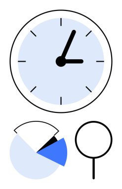 Analog saat zamanı, dilimlenmiş dilimli pasta grafiğini ve odağı sembolize eden büyüteci gösteriyor. Üretkenlik, zaman izleme, iş planlaması, analiz, araştırma genel görünümü için ideal