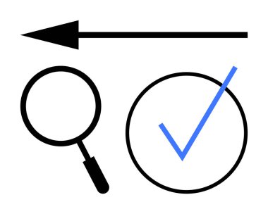 Siyah büyüteç, daire içine alınmış mavi işaret ve sol tarafı gösteren ok. Arama, doğrulama, karar verme, yön, ilerleme kalite kontrolü ve keşif için ideal. Düz basit metafor