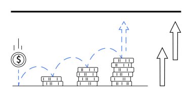 Yükselen bir yığının içine yerleştirilmiş bozuk paralar ve yukarı doğru çıkan oklar büyümeyi işaret ediyor. Finans, yatırım, gelir, tasarruf, kar, ekonomik başarı için ideal, düz basit bir metafor