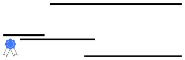 Sol alttaki mavi kurdele mührü sertifikalı başarıyı vurguluyor. Yatay siyah çizgiler metin yapısını simgeler. Eğitim, başarı, onay, yasal çerçeve, ödüller, doğrulama için ideal