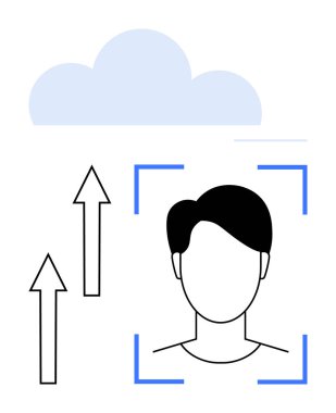 Mavi çizgilerle çerçevelenmiş soyut bir yüz ve yukarı bakan oklar bir bulutu işaret ediyor. Yenilik, teknoloji, biyometri, bulut hesaplama, veri transferi, güvenlik, dijital kimlik için idealdir. Düz basit