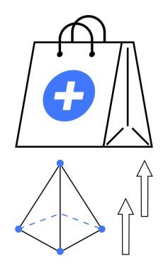 Mavi haçlı tıbbi çanta, geometrik tasarım, ve yukarı doğru oklar yenilik ve büyümeyi simgeliyor. Sağlık, yenilik, alışveriş, ilaç, teknoloji, ilerleme iş analizleri için ideal