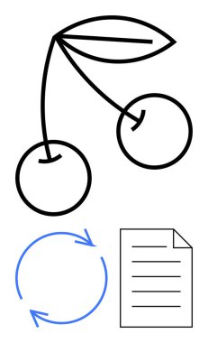 İki kiraz, bir yaprak, mavi dairesel geri dönüşüm okları ve çizgili bir kağıt. Sürdürülebilirlik, çevre dostu, organik konsept, yenilenme, minimalizm basitliği geri dönüşümü için idealdir. Düz