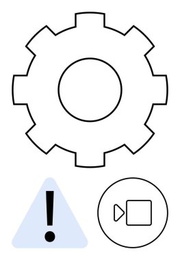 Üçgen ve video simgesinin yanında kalın dişli sembolü. Ayarlar, alarmlar, bildirimler, sorun giderme, bakım, video hizmetleri, işlevsellik için ideal. Düz basit metafor