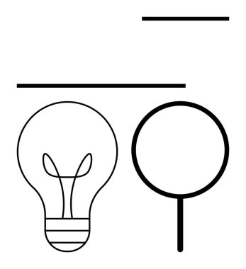 Minimalist ampul ve büyütme cam çizgileri yenilik, araştırma, keşif, yaratıcılık, problem çözme, eğitim, odaklanma ve liderliği çağrıştırıyor. Düzlükte tasarım analizi ve basitlik için ideal