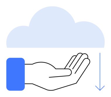 Yumuşak mavi bir bulutun altında çizilmiş bir el aşağı doğru inen ok indirmeyi gösteriyor. Bulut teknolojisi, veri erişimi, çevrimiçi depolama, teknoloji adaptasyonu, veri transferi, kolaylık için ideal