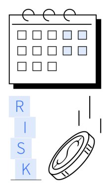Takvim belirli tarihleri vurguluyor, RISK istiflenmiş bloklarla oluşturuldu, bozuk para hareket halinde. Strateji, planlama, belirsizlik, risk analizi, karar verme, soyut finans hattı düz metaforu için ideal