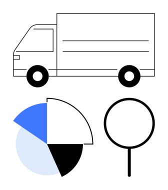 Teslimat kamyonu, segmentli pasta grafiği, büyütme gösteren bir daire. Lojistik, ulaşım, analitik, strateji, veri akışı planlama iş çözümleri için idealdir. Düz basit