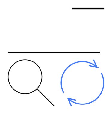 Büyüteç arama, süreç veya döngü için dairesel oklar, ayrılma veya hiyerarşi için yatay çubuklar anlamına gelir. Araştırma, analiz, organizasyon, iş akışı, yineleme, keşif dairesi için ideal