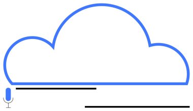 Küçük bir mikrofon sembolü ve yatay çizgileri olan mavi bulut ana hatları, ses girişini ve veri iletimini temsil ediyor. Bulut teknolojisi, yapay zeka, ses tanıma, veri akışı için ideal