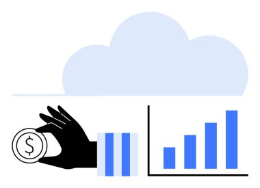Finansal büyüme, bulut hesaplama, veri analizi, yatırım stratejileri, ekonomik kalkınma, teknolojik yenilikler ve pazar eğilimlerini temsil eden bir madeni paranın el ele tutulması. İdeal