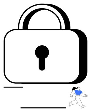 Odaklı büyük bir kilit, aşağıda koşan küçük bir adam. Gizlilik, güvenlik, erişim kontrolü, koruma, kaçış, gizlilik için ideal. Düz basit metafor