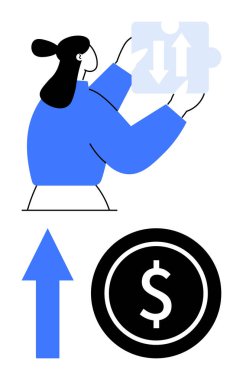 Kadın, oklarla yapboz parçası kaldırıyor, dolar işareti ile para kaldırıyor, yukarı ok, iş büyümesini, ilerlemeyi, takım çalışmasını, başarıyı simgeliyor. Finans, strateji, hedefler, yenilikçi karar verme için ideal