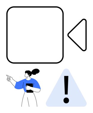 Video kamera ikonu, ünlem işaretli üçgen uyarı işareti elinde pano tutan kadın. Eğitimler, uyum, sorun giderme, uyarılar, uyarılar, video kılavuzları için ideal