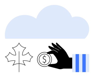 Kara El Dolar işareti ile sikkeyi tutar, Akçaağaç yaprağı doğayı, veri veya çevre bulutunu sembolize eder. Finans, sürdürülebilirlik, bulut hesaplama, ekoloji, tasarruf, yatırım dairesi için ideal