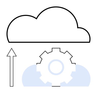 Dişliler bulut ve yukarı doğru olan ok teknolojiyi, veri göçünü, yeniliği ve ilerlemeyi sembolize ediyor. Bulut hesaplama, veri yönetimi, bütünleşme, güncellemeler, bilişim çözümleri otomasyonu için ideal