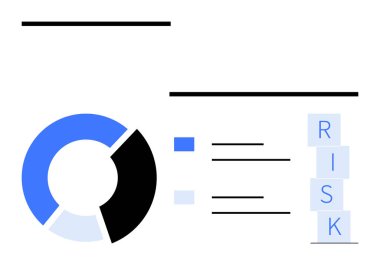 Renk kodlu segmentleri olan dairesel pasta grafiği, işaretli kontrol listesi ve engellenmiş heceleme riski. İş, finans, veri, analiz, planlama, soyut satır düz metaforu için ideal