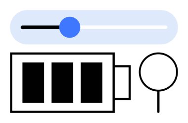 Şarj çubuklu pil simgesi, ayarlanabilir kaydırıcı, mavi düğmeli, büyüteçli. Enerji, kullanılabilirlik, tasarım optimizasyonu, işlevsel araçlar, kullanıcı ayarları, enerji tasarrufu için ideal