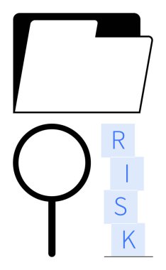 Büyüteç, RISK blokları istiflenmiş ve klasör analizi, değerlendirmeyi, organizasyonu tasvir ediyor. Risk yönetimi, denetim, karar verme, uyum iş stratejisi için ideal