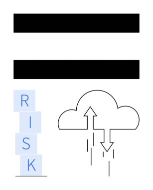 Yığılmış bloklar, yukarı ve aşağı akışları gösteren okları olan bir bulutun yanında Risk anlamına gelir. Risk yönetimi, veri akışı, strateji, belirsizlik, iş planlaması, karar verme, soyut