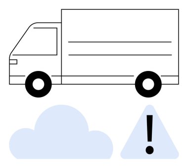 Mavi bulutla birlikte teslimat kamyonu ve ünlem işareti, lojistik, güvenlik, emisyon ve çevresel etkiyi de kapsıyor. Sürdürülebilirlik, kargo, uyarı, nakliye için ideal