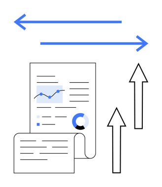 Çizgi grafiği, pasta grafiği ve yukarı doğru eğilimleri ve çift yönlü akışı gösteren oklarla istatistiksel kağıt. İş, strateji, ilerleme, verimlilik, iletişim finans analizleri için ideal. Düz