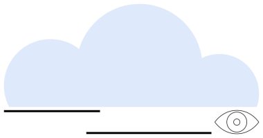 Minimalist göz tasarımı üzerinde veri akışını sembolize eden çizgilerle büyük bulut şekli. Teknoloji, bulut hesaplama, güvenlik, izleme, veri analizi, mahremiyet ve yenilik için ideal
