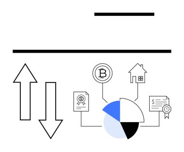 Yukarı aşağı oklar, pasta grafiği, kripto para birimi simgesi, gayrimenkul ve sertifikalar birbiriyle bağlantılı finansal sistemleri tasvir ediyor. Yatırım için ideal, finans eğilimleri, kripto para birimi, gayrimenkul
