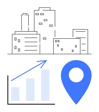 Şehir binaları, yukarı doğru bar grafiği ve büyüme, analiz ve kilit kentsel görüşleri sembolize eden konum iğnesi. İş stratejisi, emlak, kentsel planlama, piyasa araştırma konumu hizmetleri için ideal