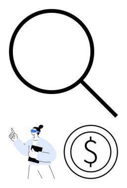 Büyüteç analizi sembolize eder. Dosyaları olan kadın organizasyonu temsil eder. Dolar işareti ise finansmanı. Araştırma, işletme, karar verme, ekonomi, yatırım, zenginlik stratejisi için ideal