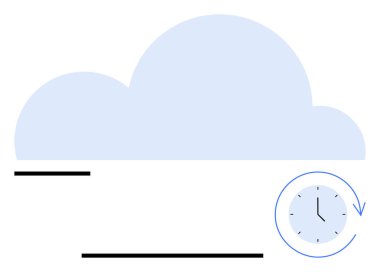 Küçük bir saat ve ok ile büyük bulut şekli zaman izini gösteriyor. Veri depolama, bulut hesaplama, dosya eşzamanlaması, sistem yedeklemesi, zaman verimliliği, teknoloji araçları, düz basit