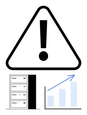 Sunucu rafının üstündeki uyarı üçgeninde ünlem işareti ve yukarı doğru ilerleme grafiği. Sistem hatası, siber güvenlik, veri analizi, iş büyümesi, risk yönetimi, bilişim altyapısı için ideal