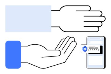 Açık eller vermeyi simgeler. Şifre kutusu ve kalkan ikonu olan akıllı telefonun yanında işbirliği güvenlik, paylaşım, dijital koruma, teknoloji, iletişim, güven. İdeal