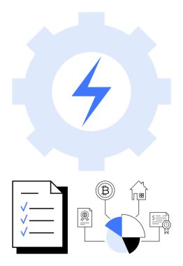 Enerji, kontrol listesi kağıdı ve ev, sertifika, grafik ve bitcoin içeren akış şemasını sembolize eden yıldırımlı bir vites. Teknoloji, enerji, otomasyon yönetim analizi için ideal