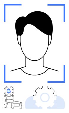 Tanımlama çerçevesindeki soyut yüz, Bitcoin yığını ve kimlik, kripto para ve teknolojiyi sembolize eden teçhizat. Güvenlik, fintech, engelleme zinciri, otomasyon yapay zeka uygulamaları için ideal.