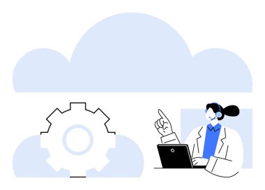 Bilgisayarlı profesyonel kulaklık, bulut hesaplama ve optimizasyon sürecini büyük vites simgesiyle açıklıyor. Bulut teknolojisi, bilişim desteği, yenilik, bilgisayar ve işbirliği için ideal